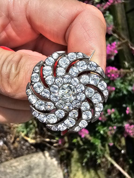 Antique Black Dot Paste Brooch: Solid Silver Cycl… - image 7