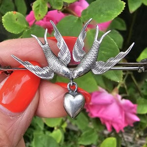 Victorian Silver Swallows & Heart Brooch Charming Antique Two Swallow Birds with Puffed Heart Brooch Hand Engraved Silver Brooch Romantic