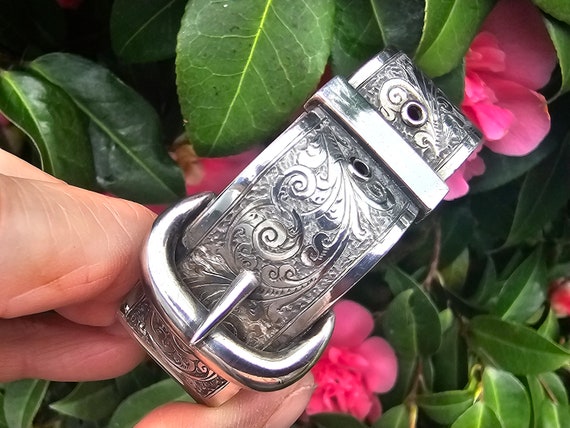 Antique Victorian Silver Buckle Bangle Detailed E… - image 2