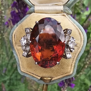 Vintage 18ct White Gold Citrine and Diamond Ring Burnt Orange Citrine and Bow Design Diamond Shoulder Natural Citrine Ring sz K U.S 5.25