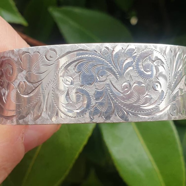 Vintage Sterling Silver Engraved Bangle Detailed Old Original