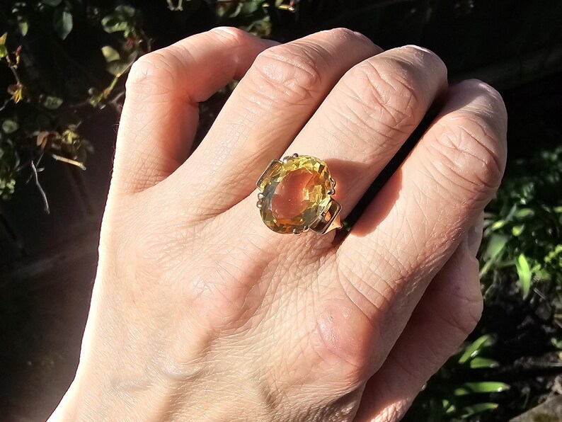 Vintage 9ct Gold Citrine Ring - UK Hallmarks - Size US 7.25 Big Yellow Gemstone image 12