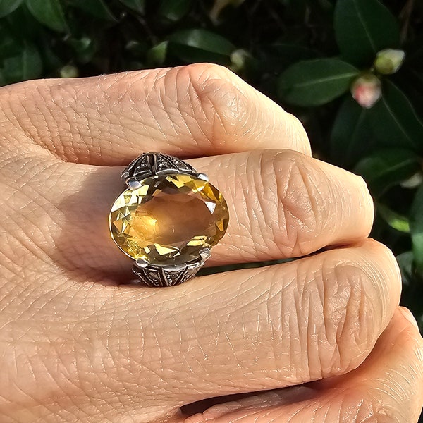 Antique Art Deco Silver Oval Cut Citrine and Marcasite Detailed Shoulder Statement Ring UK Size N or US Size 6.5