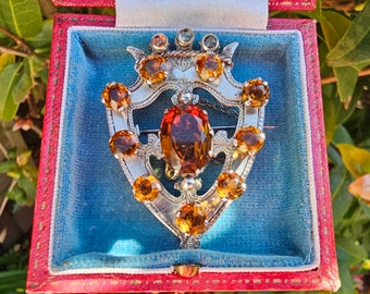Antique Victorian Scottish Silver Shield and Crown Luckenbooth Brooch with Rich Golden Citrine Mid 1800s Diamond Registration Mark
