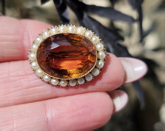 Antique Victorian 9ct Gold Citrine Brooch With Seed Pearls