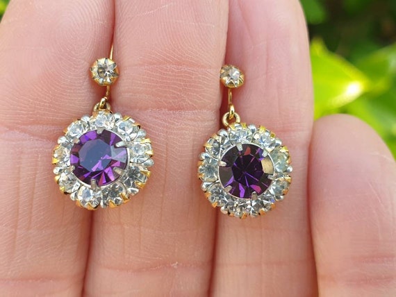 Vintage 9ct Amethyst Paste and Clear Paste Earring