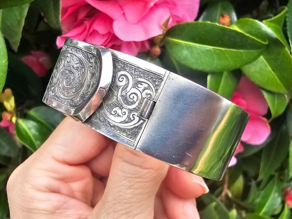 Antique Victorian Silver Buckle Bangle Detailed E… - image 4