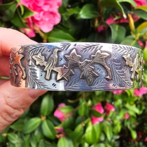 Bracciale Rigido In Argento Sterling 925 Donna - Polsino Vintage Con Uccello E Fiori Intagliati - Regolabile