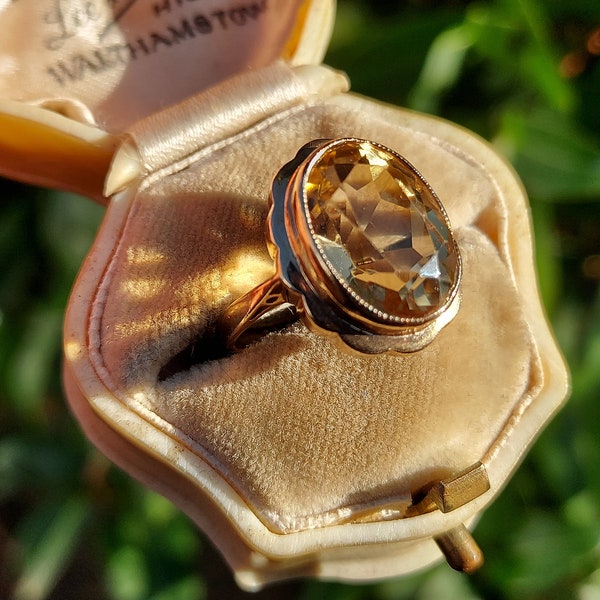 Resize to 7.75 Vintage 1970s 9ct Gold Oval Shape Yellow Citrine Ring UK Size L 1/2 or US Size 6