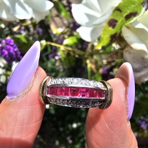 Vintage 14k Weißgold Rubin Diamant Ring: Art Deco Stil, Größe 8.25