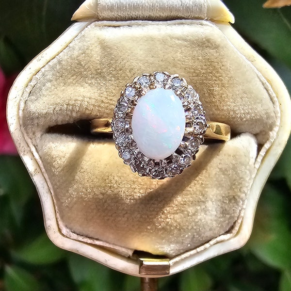 Vintage 9ct Yellow Gold Opal Diamond Halo Cluster Ring 9K Colourful Opal Cabochon Sparkling Diamonds Engagement Ring UK Size N 1/2 or US 7