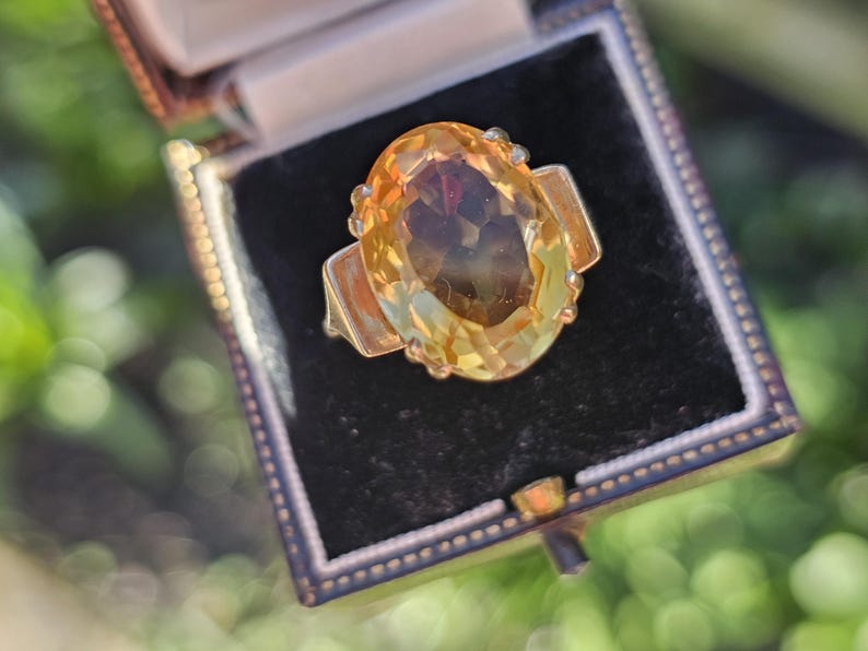 Vintage 9ct Gold Citrine Ring - UK Hallmarks - Size US 7.25 Big Yellow Gemstone image 20