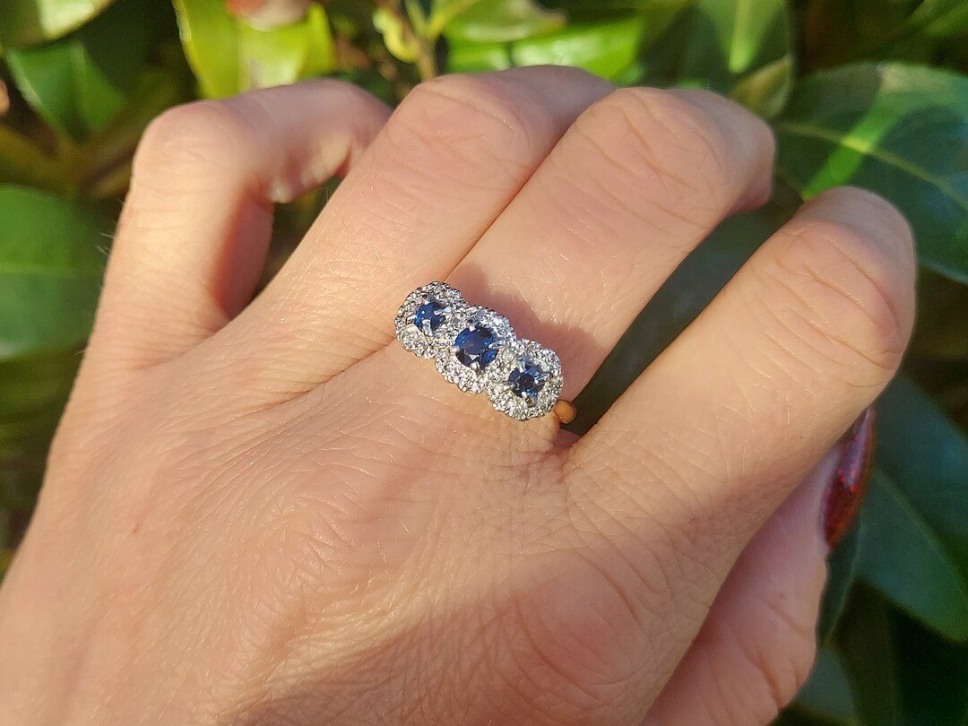 Quality 18ct Yellow Gold Blue Sapphire and Diamond Ring UK Size P or US