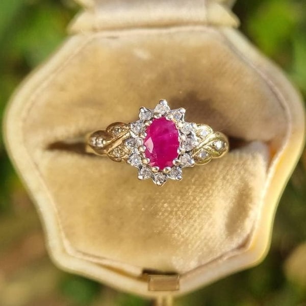 Vintage 9ct Yellow Gold Ruby and Diamond Ring size L or U.S 6.25 Vibrant Pink Ruby Ring