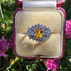 Vintage 18ct Yellow Gold Yellow Sapphire & Diamond Ring Generous Sparkling Diamonds with Sunset Yellow Sapphire UK Size L or US 5.75