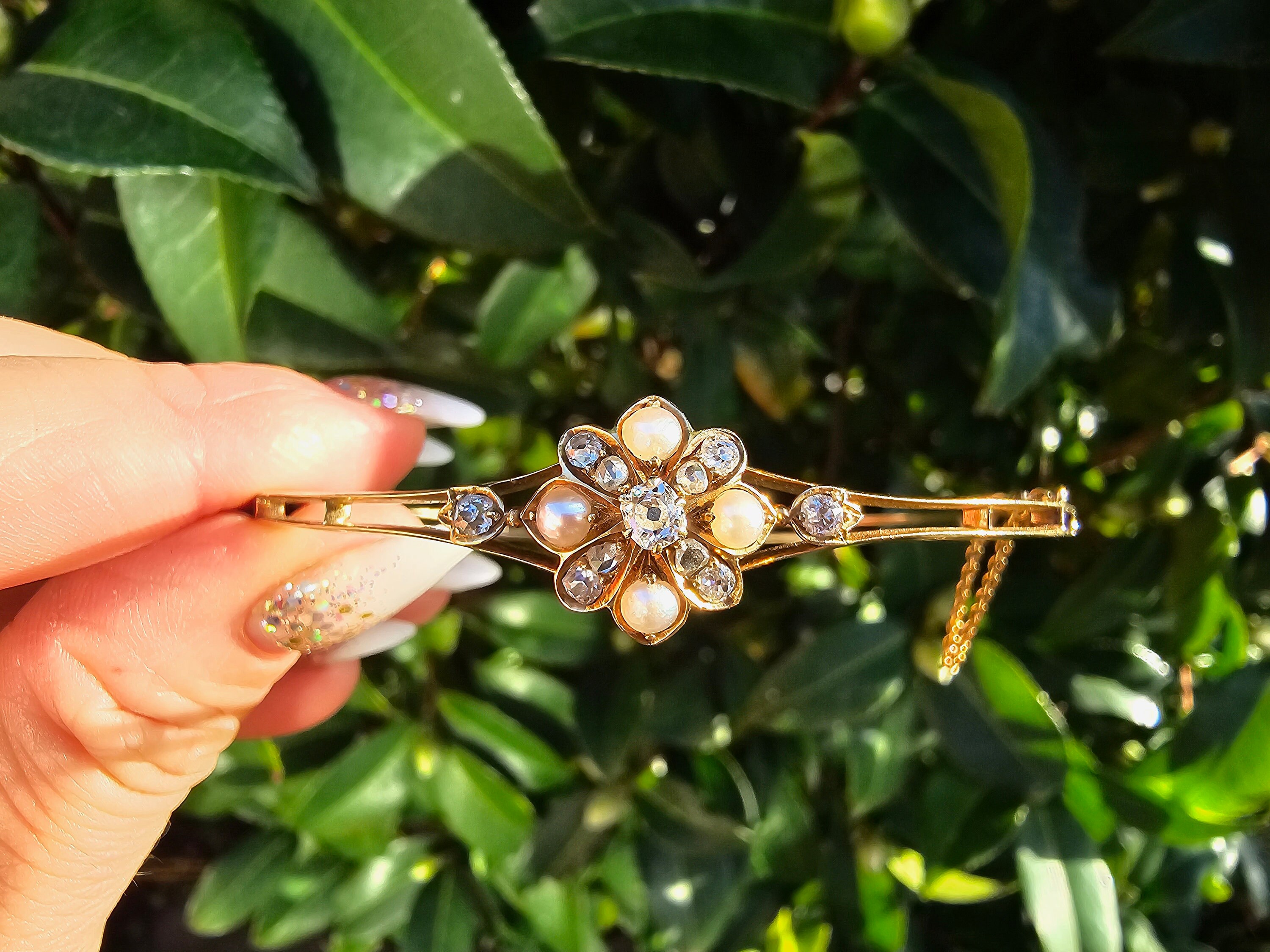 Victorian 15ct Gold Diamond & Pearl Bangle Bracelet: Antique 