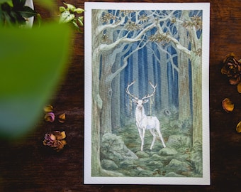The White Stag in the Dark Woods -  Giclée Art Print - Hot Press Paper - Fantasy Art - Deer - Signed Limited Edition Art Print - Watercolour