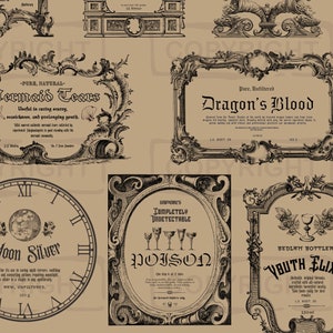 Vintage Apothecary Labels Potion Bottles Printable Download Spooky Collage Antique Halloween Decor DIY Elixir of Youth Poison Dragon Blood