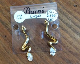 CZ & Gold-Tone ZigZag Earrings by Barné, Vintage/New, Pierced Ears