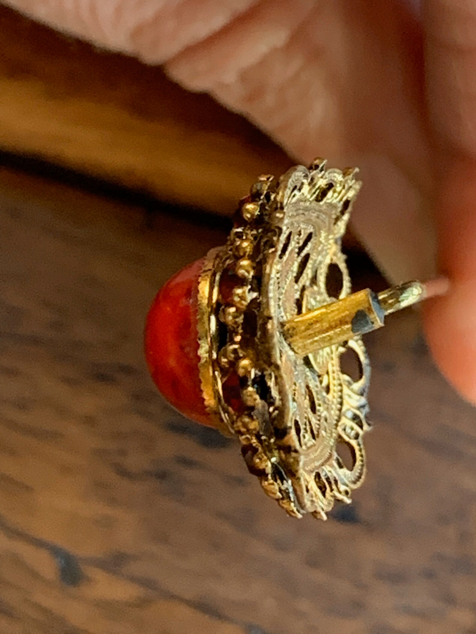 Gold Toned Red Hat Pin with Red Rhinestones SIGNED Made in Etsy