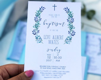 Blue Water coloured baby boy baptism/christening/birthday invitations