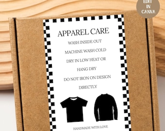 Plantilla de tarjeta de instrucciones de lavado editable con etiqueta térmica, tarjeta de cuidado de camisetas imprimible, tarjeta de agradecimiento, inserto de empaque de camiseta Canva