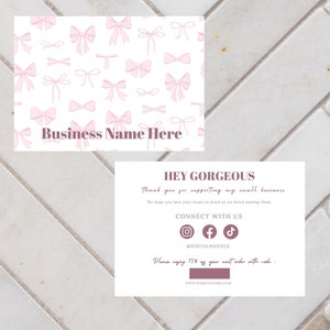 Coquette Pastel Bow Thank you Card,Girly Bows Business Card Canva Template,DIY Editable Pink  Thank You Business Packaging Printable Insert