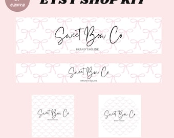 Pode incluir: Kit de loja Etsy para um negócio chamado "Sweet Bow Co." com um padrão de laço rosa e o texto "BRAND TAGLINE".
