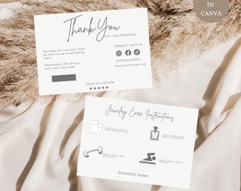 May include: A thank you card with a handwritten thank you message and a section for jewelry care instructions. The card includes a discount code, social media icons, and a website address. The card is white with gray text and icons.