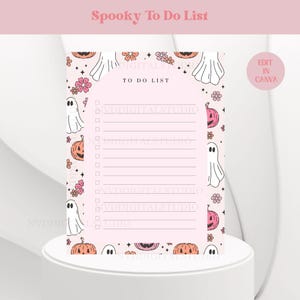 May include: A pink printable to-do list with a spooky Halloween theme. The list is decorated with ghosts, pumpkins, and stars. The text "Spooky To Do List" is at the top of the page, and the text "To Do List" is in the center of the page. The text "Edit in Canva" is in the top right corner of the page.