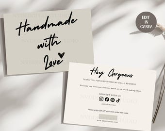 Puede incluir: Una tarjeta blanca con texto negro que dice "Handmade with Love" y un pequeño corazón. La tarjeta está al lado de una tarjeta blanca con texto negro que dice "Hey Gorgeous" e incluye un mensaje de agradecimiento por apoyar un pequeño negocio. La tarjeta también incluye iconos de redes sociales y un código de descuento.