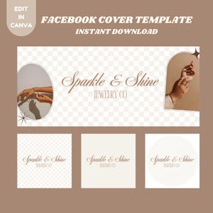 Plantilla de portada de Facebook con cuadros retro neutros, banner de Facebook, icono de Facebook estético y elegante para marca comercial, plantilla de Canva editable para bricolaje