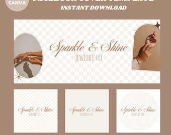 Neutral Retro Checkered Facebook Cover Template,Facebook Banner,Aesthetic Groovy Facebook Icon Business Branding,DIY Editable Canva Template