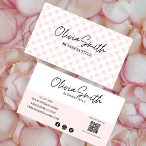 Tarjeta de presentación con lazo a cuadros, plantilla de Canva para tarjeta de presentación en rosa pastel, tarjeta de presentación imprimible, linda tarjeta femenina editable.