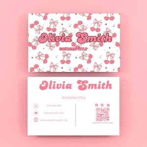 Cherry Bow Business Card,Bow Business Card Canva Template,Printable Business Card,Girly Small Business Editable Thank you Card