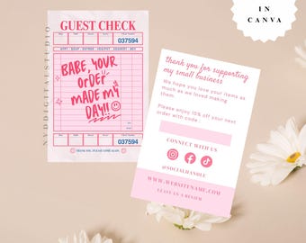 Guestcheck Trendy Business ThankYou Card Canva Template,Editable Guest Check Customer Thank You Business Packaging,DIY Cute Fun Insert Card