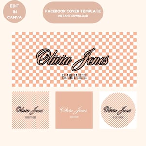 Plantilla de portada de Facebook a cuadros de coral neutro, banner de Facebook, portada de empresa de marca de Facebook estética y linda, plantilla de Facebook editable de Canva