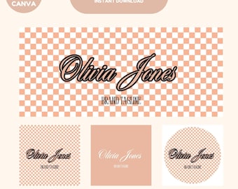 May include: A Facebook cover template with a pink and white checkered background. The text "Olivia Jones" is written in a black cursive font with the words "Brand Tagline" below. The template includes three variations of the logo: one with a checkered background, one with a solid pink background, and one with a circular checkered background.