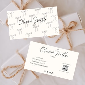 Neutral Coquette Bow Visitenkarte, Bogen Visitenkarte Canva Vorlage, druckbare Visitenkarte, Girly Small Business bearbeitbare Dankeskarte