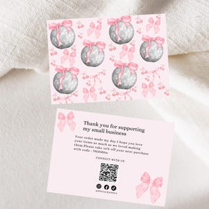 Bedankkaart disco roze strik, Girly Cherry Bows-canvasjabloon voor visitekaartjes, doe-het-zelf bewerkbare bedankkaart zakelijke verpakking afdrukbare invoeging