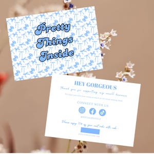 May include: Two cards with text and designs. One card has a blue bow pattern and the words "Pretty Things Inside". The other card says "Hey Gorgeous" and has social media icons.