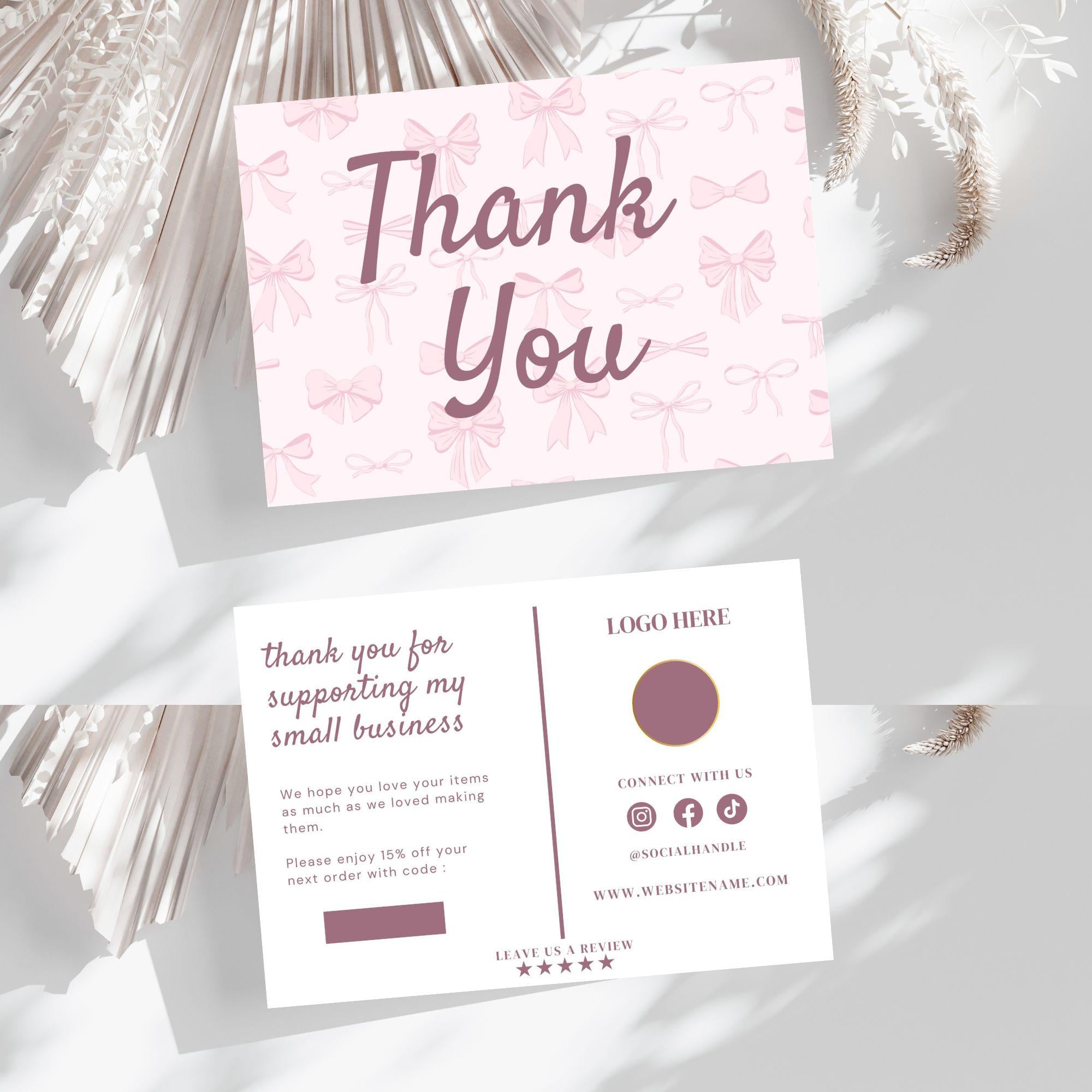 Pink Pastel Coquette Bow Thank You Card,girly Bows Business Card Canva ...
