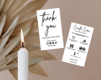 May include: Two white cards with black text and icons. The first card says "Thank you" and has a business name placeholder, social media icons, and a social media handle placeholder. The second card says "Candle Care" and has a business name placeholder, instructions for burning candles safely and effectively, and a five-star rating.