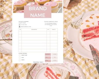 May include: An invoice template with the brand name in a pink rectangle, featuring cupcakes at the top. A slice of layered cake with white frosting and a fork are on a floral plate. The invoice includes fields for client info and payment methods.