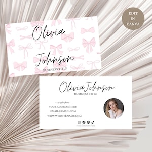 Girly Pink Photo Coquette Bow Business Card,Pastel Pink Business Card Canva Template,Printable Business Card,Editable Feminine Business Card