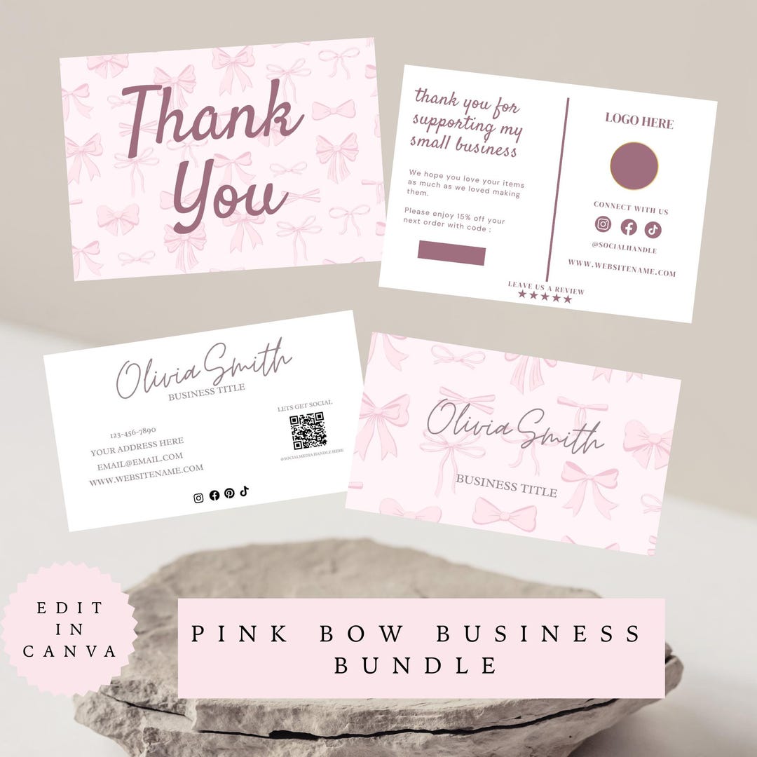 Pink Pastel Coquette Bow Thank You Card,girly Bows Business Card Canva ...