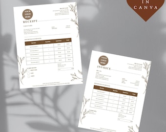 Puede incluir: Dos recibos y facturas blancos con texto marrón y detalles florales. Los recibos y las facturas tienen el texto "YOUR LOGO HERE", "RECEIPT" e "INVOICE". Los recibos y las facturas tienen un borde marrón y están sobre un fondo gris.