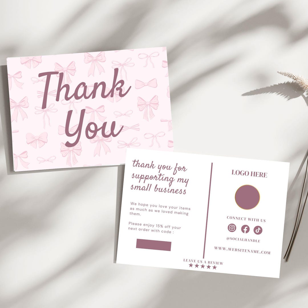 Pink Pastel Coquette Bow Thank You Card,girly Bows Business Card Canva ...