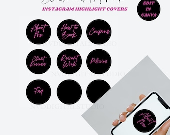 May include: Nine black circle Instagram highlight covers with pink text. The text includes "About Me", "How to Book", "Coupons", "Client Reviews", "Recent Work", "Policies", "Faq", and "About Me".