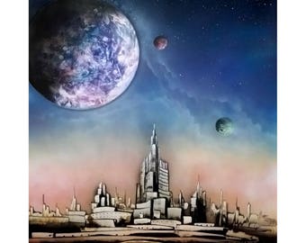 Cityscape In Space- Spray Paint Art - Space Painting - Future City - Planets - Night Sky - City at Night - City Painting - Scifi - Galaxy